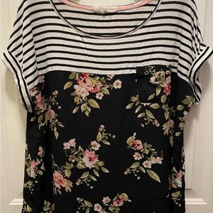 Rewind Black and White Floral Striped Tee